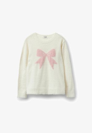 Chlupatý krémový svetr s kulatým výstřihem a dlouhými rukávy. Na přední straně má design světle růžové mašle. Měkká textura a volný střih.