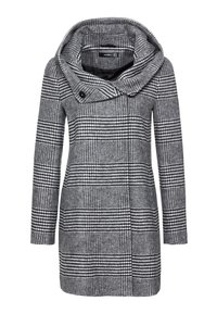 Harmaa-musta ruudullinen villatakki, jossa on pitkät hihat ja suuri kaulus, joka kiinnitetään yhdellä mustalla napilla.