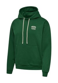 Grøn hættetrøje med hvide snore, frontlomme og hvidt Hummel Sportswear-logo på brystet.
