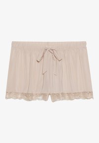 Beige satin shorts med elastisk talje, front knude detalje og blondekant langs kanten. Blød tekstur og afslappet pasform.