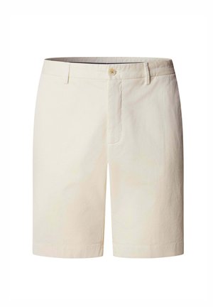 Krémové šortky po kolená s gombíkovým zapínaním, pútkami na opasok a čistým, upraveným dizajnom.