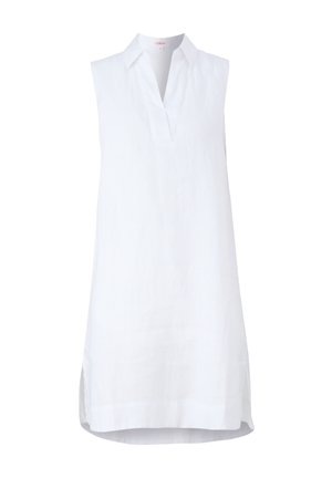 Mouwloze witte linnen tuniek met een kraag, subtiele zijsplitten en een loose fit. Schone, gladde textuur met een minimalistisch ontwerp.