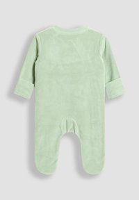 Grüner samtiger Baby-Overall mit langen Ärmeln, rundem Hals und Fußdesign. Verfügt über eine Rücköffnung und eine weiche Textur.