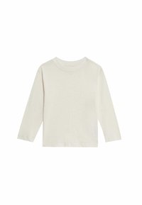 Crème lange mouwen shirt van zachte stof; heeft een ronde halslijn en een eenvoudig ontwerp zonder patronen of grafische elementen.