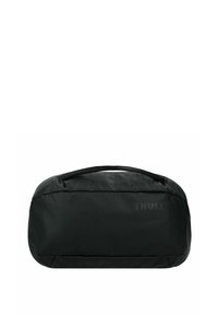 Borsa da viaggio nera con una forma aerodinamica, realizzata in tessuto resistente. Presenta una superficie testurizzata e una maniglia superiore per un facile trasporto.