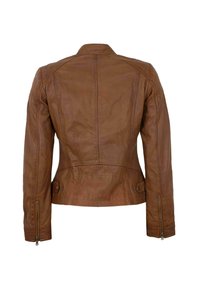 Brown leather jacket with a fitted design, prominent stitching, a stand-up collar, and zippered cuffs. Back view showcases smooth texture.