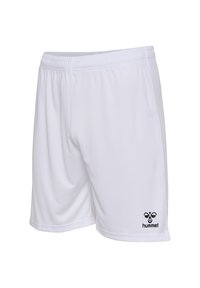 Vita idrottsshorts i lättviktsmaterial, med resårmidja och en svart logotyp på nedre vänstra sidan.