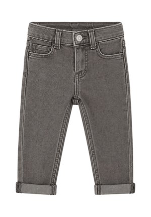 Jeans in denim grigio per bambino con tasche frontali, passanti per cintura, chiusura con bottone e risvolti piegati alle caviglie.