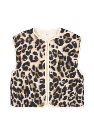 Gilet en fausse fourrure imprimé léopard en beige et marron, avec un col rond, un design sans manches et une bordure crème le long des bords.