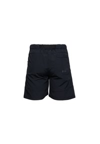 Svarta shorts med elastisk midja i texturerat material, med en bakficka och subtil tryckt detalj "B-583" på högra sidan.