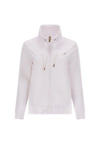 Chaqueta blanca con cremallera y alto cuello, que incluye cordones y detalles en dorado. Fabricada en un tejido suave, cuenta con mangas largas y puños acanalados.