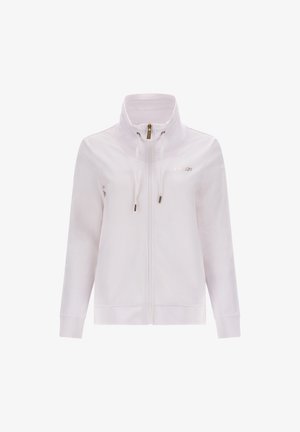 White zip-up jacket with high collar, featuring drawstrings and gold accents. Made of soft fabric, it has long sleeves and ribbed cuffs.