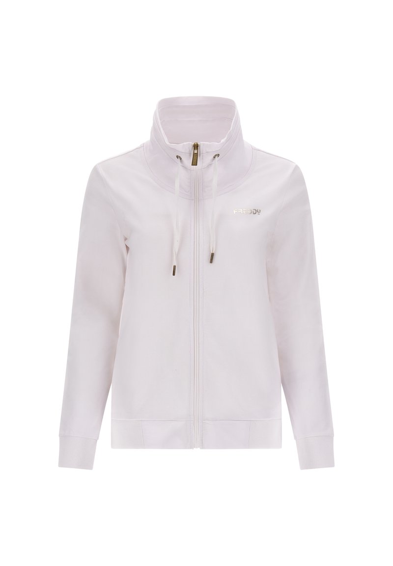 Chaqueta blanca con cremallera y alto cuello, que incluye cordones y detalles en dorado. Fabricada en un tejido suave, cuenta con mangas largas y puños acanalados.