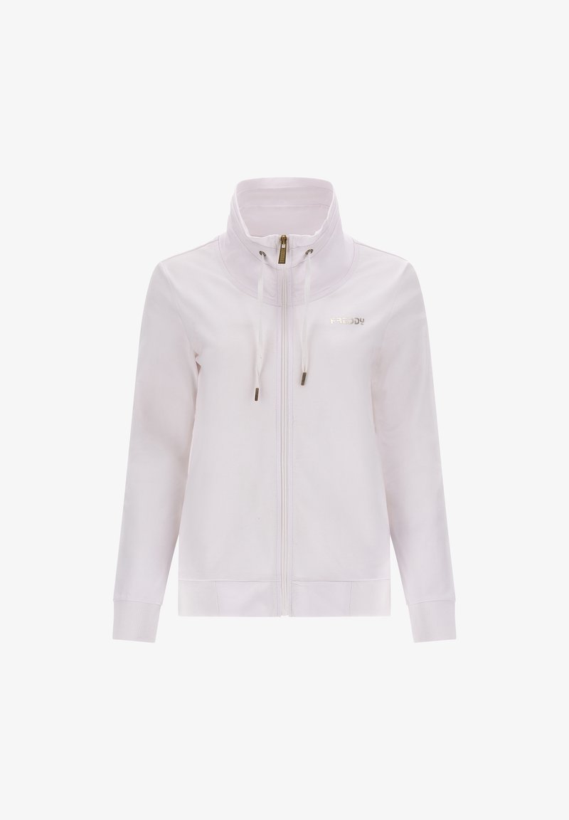 Chaqueta blanca con cremallera y alto cuello, que incluye cordones y detalles en dorado. Fabricada en un tejido suave, cuenta con mangas largas y puños acanalados.