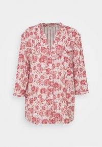 Langærmet bluse i letvægtsstof med et rødt blomsterprint på hvid baggrund, med en notch krave og knaplukning foran.