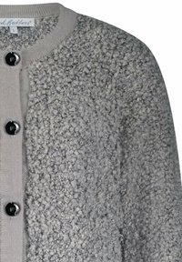 Grijze textuur boucle gebreide cardigan met ronde hals en zwarte knopen langs de voorzijde, maat small.