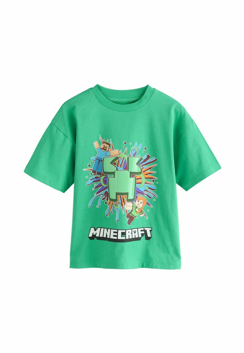 Zelené bavlněné tričko s kresleným grafickým designem postav a motivem Creepera, doplněné barevným pozadím a textem "MINECRAFT".