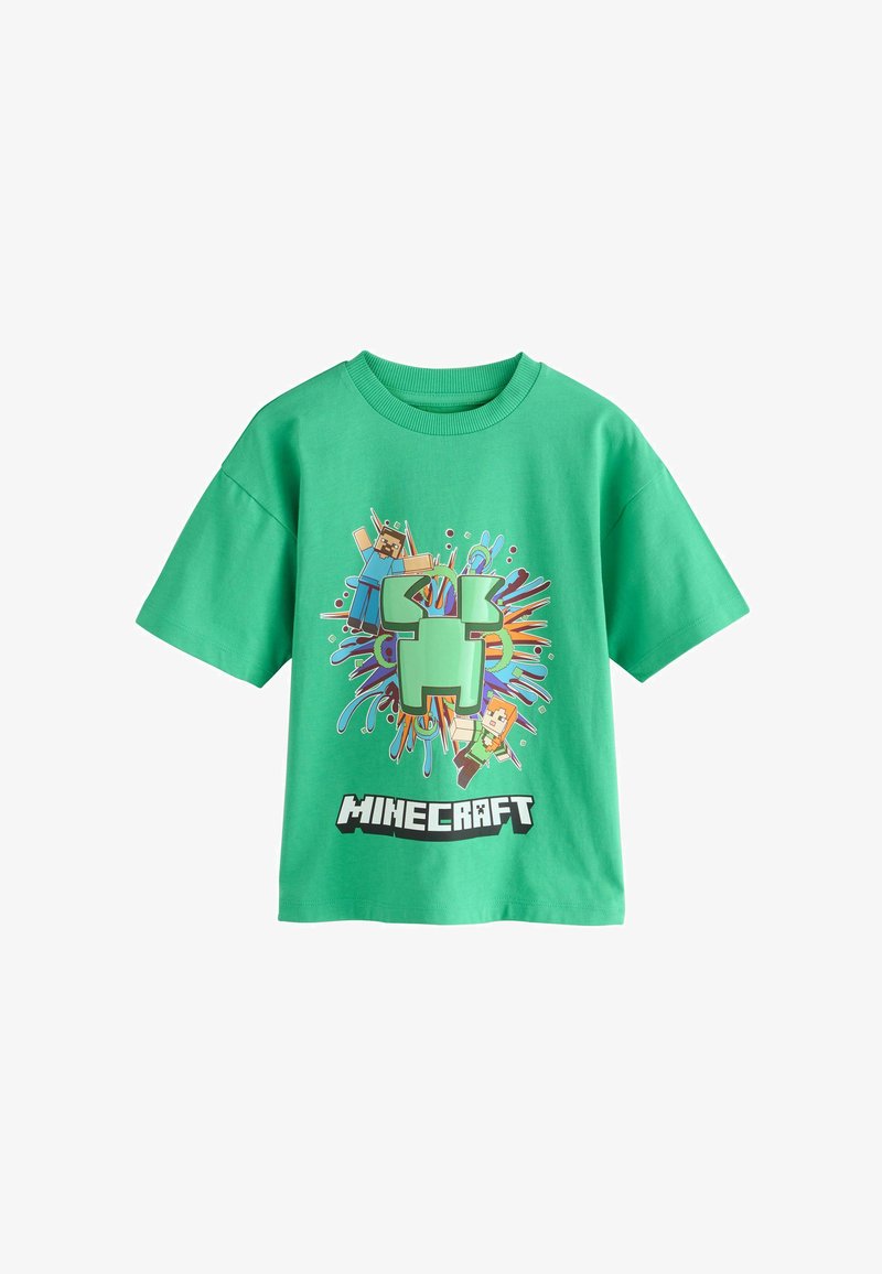 Zelené bavlněné tričko s kresleným grafickým designem postav a motivem Creepera, doplněné barevným pozadím a textem "MINECRAFT".