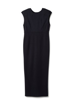 Abito midi nero senza maniche con vita aderente, scollo a barca e dettagli di cuciture sottili sulla parte superiore del corpetto.