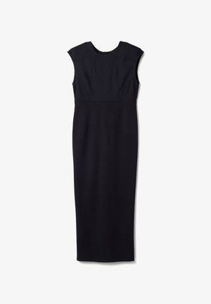 Abito midi nero senza maniche con vita aderente, scollo a barca e dettagli di cuciture sottili sulla parte superiore del corpetto.