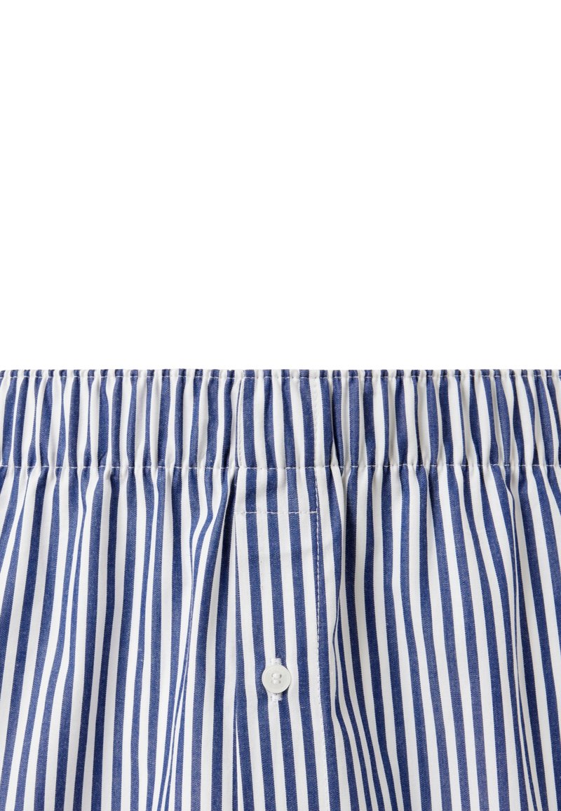 Blue and white striped fabric with a gathered waistband, featuring a single white button and smooth texture.