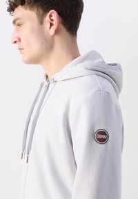 Sweatshirt capuz cinza claro com cordões, textura suave, apresentando um patch circular do logo Colmar na manga esquerda.