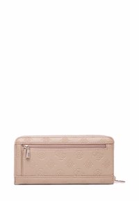 Portefeuille beige clair en matériau texturé, avec des motifs de logo en relief, un compartiment zippé et une finition lisse.