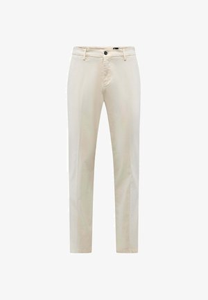 Beige Baumwollhose mit geradem Bein, Reißverschluss und Einzelknopfverschluss; verfügt über zwei Vorderaschen und eine saubere, glatte Textur.