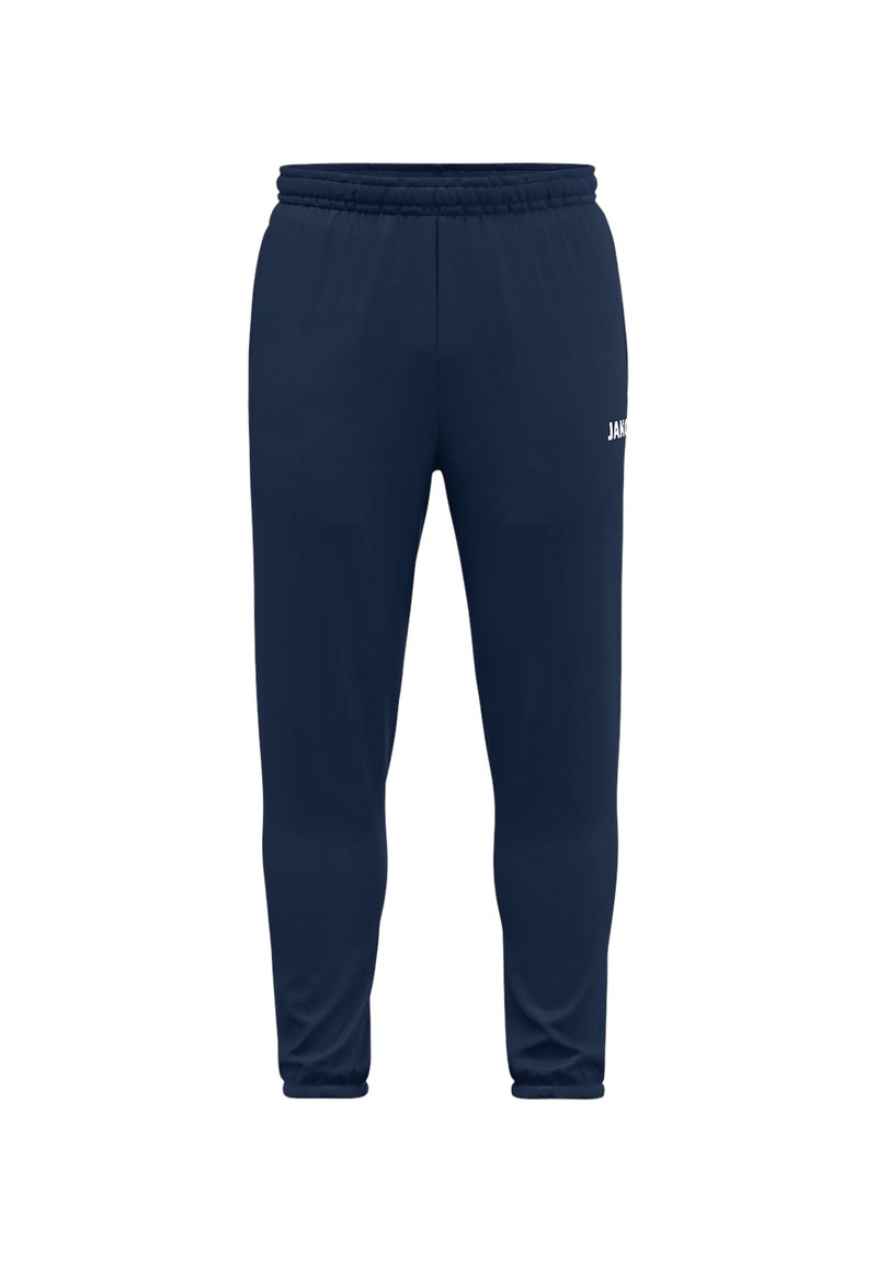 Marineblauwe sportbroek met een elastische tailleband en taps toelopende benen, met een klein wit logo aan de voorkant rechts. Gladde textuur, lichte stof.