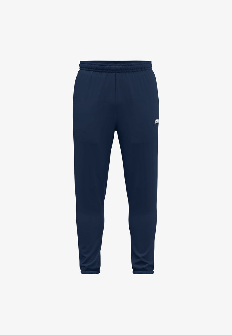 Marineblauwe sportbroek met een elastische tailleband en taps toelopende benen, met een klein wit logo aan de voorkant rechts. Gladde textuur, lichte stof.