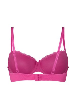 Pink padded bra with lace trim, adjustable straps, and back hook-and-eye closure on a white background.