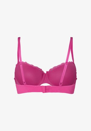 Rosa gepolsterter BH mit Spitzenbesatz, verstellbaren Trägern und Haken-Ösen-Verschluss hinten auf weißem Hintergrund.