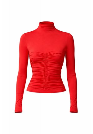 Punane pika varrukaga pluus kõrge kaelusega, rinnanibu ja külgede juures kogutud detailidega, valmistatud siledast, venivast materjalist.