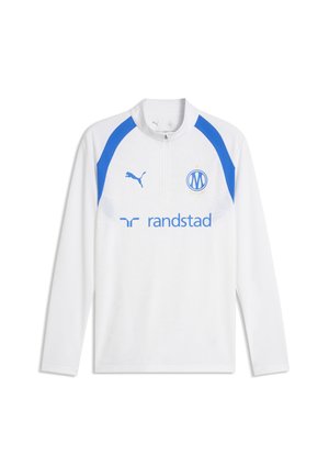 Weißes langärmeliges Sporttop mit blauen Schulterakzenten, Viertel-Reißverschluss, Puma-Logo, Marseille Fußballclub-Abzeichen und Randstad Sponsor-Schriftzug.