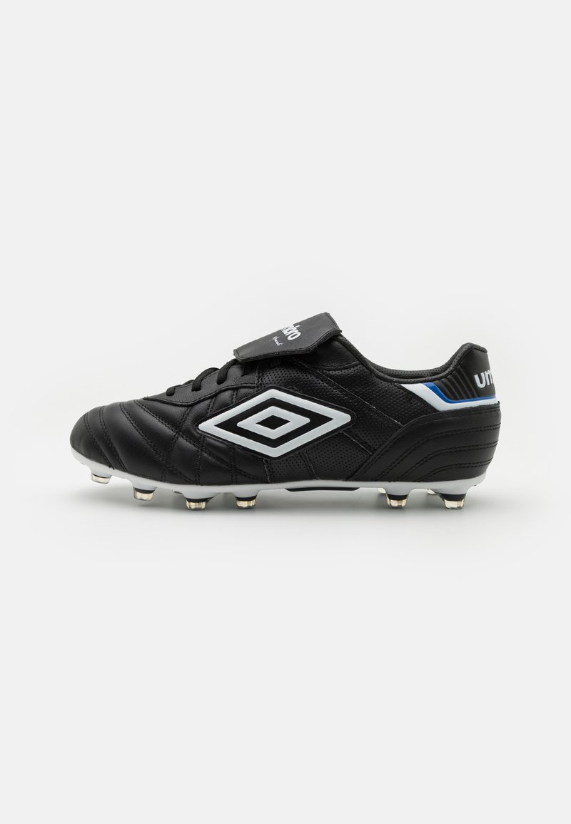 Black soccer cleat made of leather with a textured finish. Features silver accents and a Velcro strap, designed for traction with visible studs.