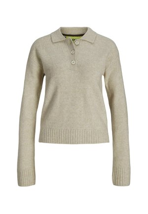 Pull beige en laine avec un col à revers, trois boutons, poignets et ourlet côtelés. Texture douce et design légèrement court.