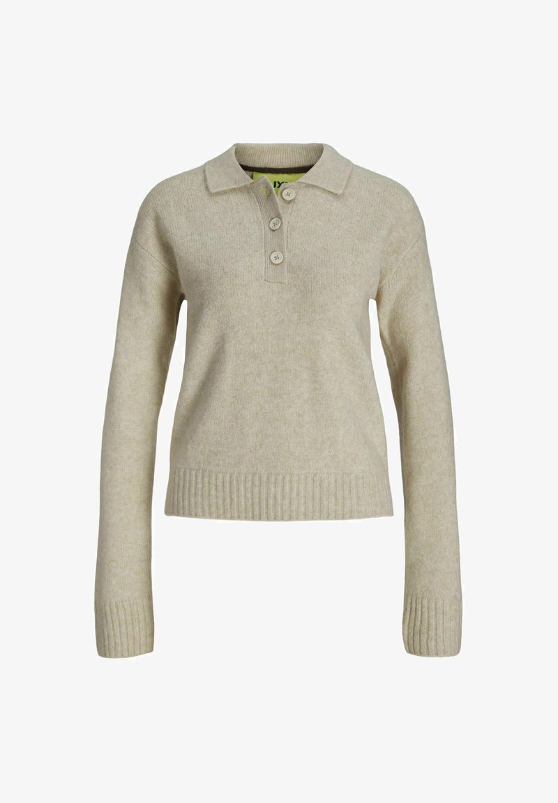 Pull beige en laine avec un col à revers, trois boutons, poignets et ourlet côtelés. Texture douce et design légèrement court.