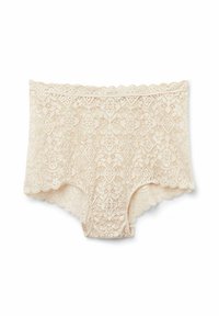 Spetstrosor i en ljus beige nyans med blommönster och vågiga kanter, som visar en mjuk och delikat textur.