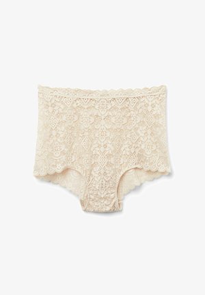 Lace boyshorts in a light beige color featuring floral patterns and scalloped edges, showcasing a soft, delicate texture.