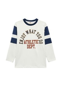 T-shirt z długim rękawem, biały z granatowymi rękawami. Zawiera wyraźny tekst: "CIESZ SIĘ TYM, CO ROBISZ" oraz "ZESPÓŁ ATLETYCZNY" w kolorze bordowym. Materiał bawełniany.