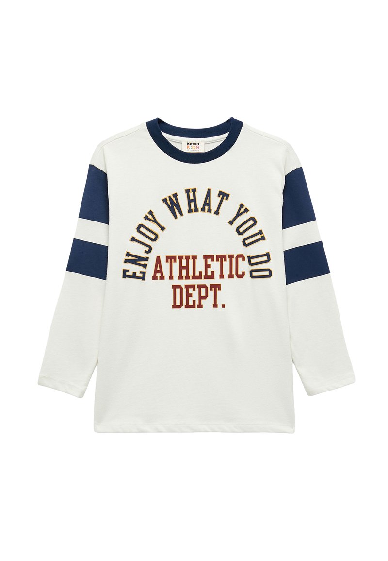 T-shirt z długim rękawem, biały z granatowymi rękawami. Zawiera wyraźny tekst: "CIESZ SIĘ TYM, CO ROBISZ" oraz "ZESPÓŁ ATLETYCZNY" w kolorze bordowym. Materiał bawełniany.
