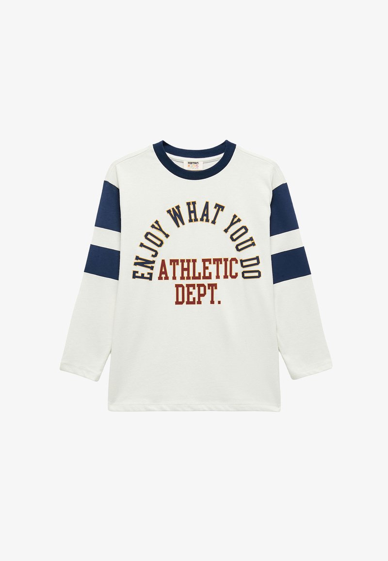 T-shirt z długim rękawem, biały z granatowymi rękawami. Zawiera wyraźny tekst: "CIESZ SIĘ TYM, CO ROBISZ" oraz "ZESPÓŁ ATLETYCZNY" w kolorze bordowym. Materiał bawełniany.