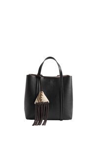 Czarna skórzana torba na ramię z dwoma uchwytami, z ozdobnym frędzlem w ząbkowany wzór. Gładka tekstura, minimalistyczny design, otwarty górny fragment.