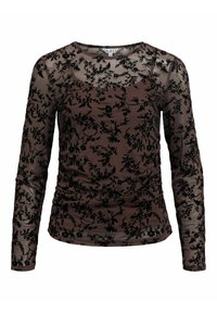 Ilga rankovė viršuje, pagaminta iš rudos permatomos medžiagos, su juodu floraliniu aksominiu raštu ir surinkimu šonuose, kad sukurtų tekstūruotą išvaizdą.