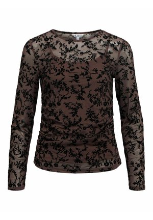 Ilga rankovė viršuje, pagaminta iš rudos permatomos medžiagos, su juodu floraliniu aksominiu raštu ir surinkimu šonuose, kad sukurtų tekstūruotą išvaizdą.