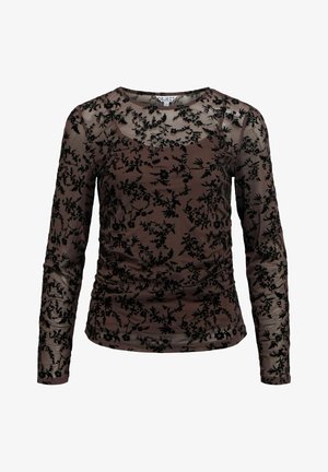 Long-sleeve top in brown sheer fabric featuring black floral velvet pattern and gathered detailing at the sides for a textured appearance.