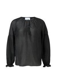 Schwarze Bluse aus leichtem Stoff mit rundem Ausschnitt, Knopfverschluss, elastischen Bündchen und langen Puffärmel.