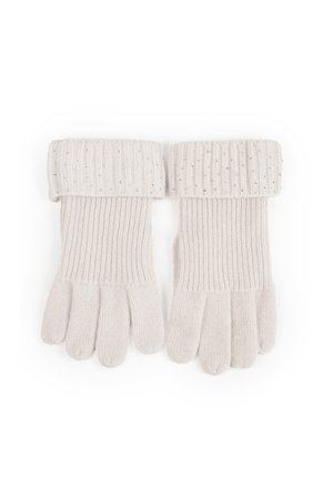 Jasno beżowe dziane rękawiczki z prążkowanym mankietem, z małymi srebrnymi akcentami równomiernie rozmieszczonymi na górnej części. Miękka tekstura, pięciopalczasty design.