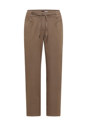 Pantalon marron à jambes droites avec une taille élastique et un cordon de serrage, poches avant et détails cousus près de la taille.