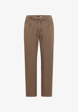 Pantalon marron à jambes droites avec une taille élastique et un cordon de serrage, poches avant et détails cousus près de la taille.